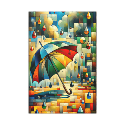 Umbrella's Embrace: A Cubist Wall Art Print - canvas