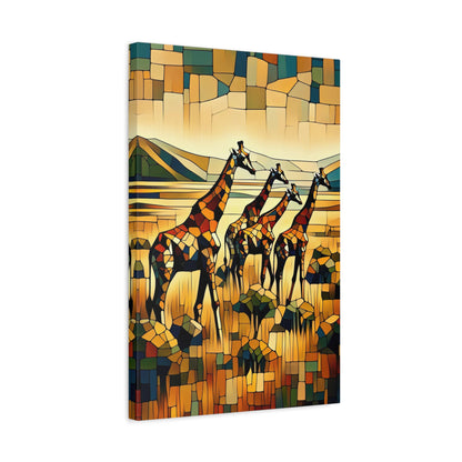 Savannah Serene: A Cubist Giraffe Grazing in the African Wild - canvas