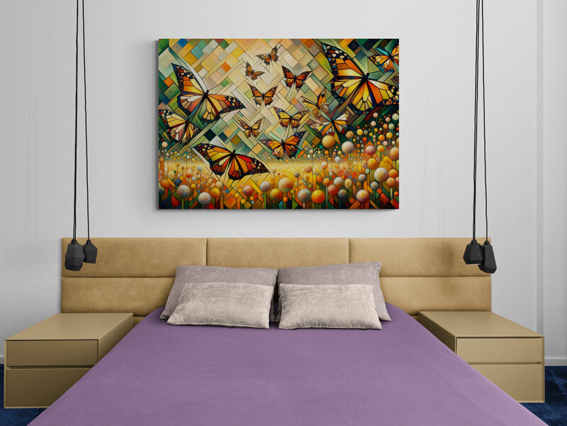 Butterflies in Bloom: Colorful Cubist Masterpiece - canvas