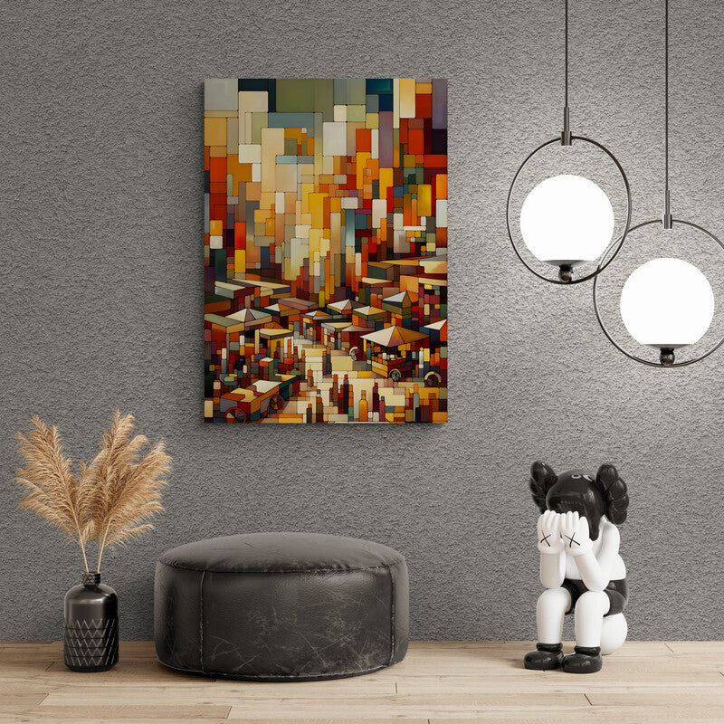 Bustling Market Scene: Cubist Wall Art - canvas