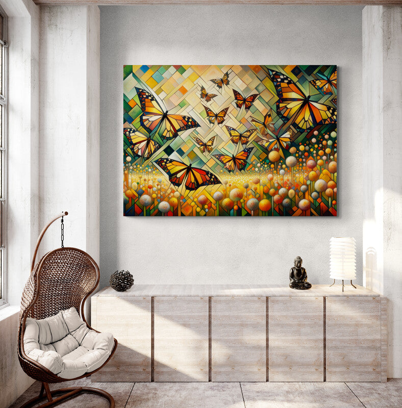 Butterflies in Bloom: Colorful Cubist Masterpiece - canvas