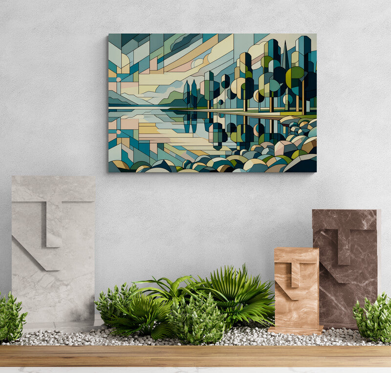 Lakeside Retreat: Cubist Wall Art - canvas