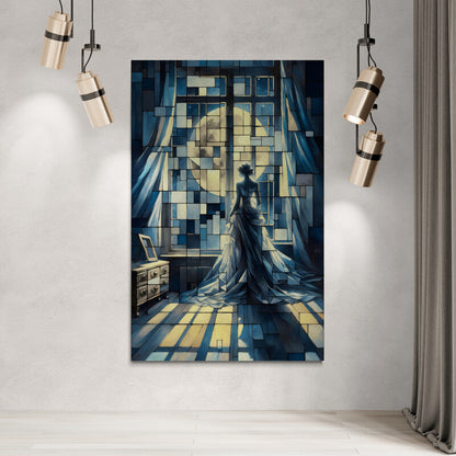 Moonlit Solitude: Cubist Wall Art - canvas