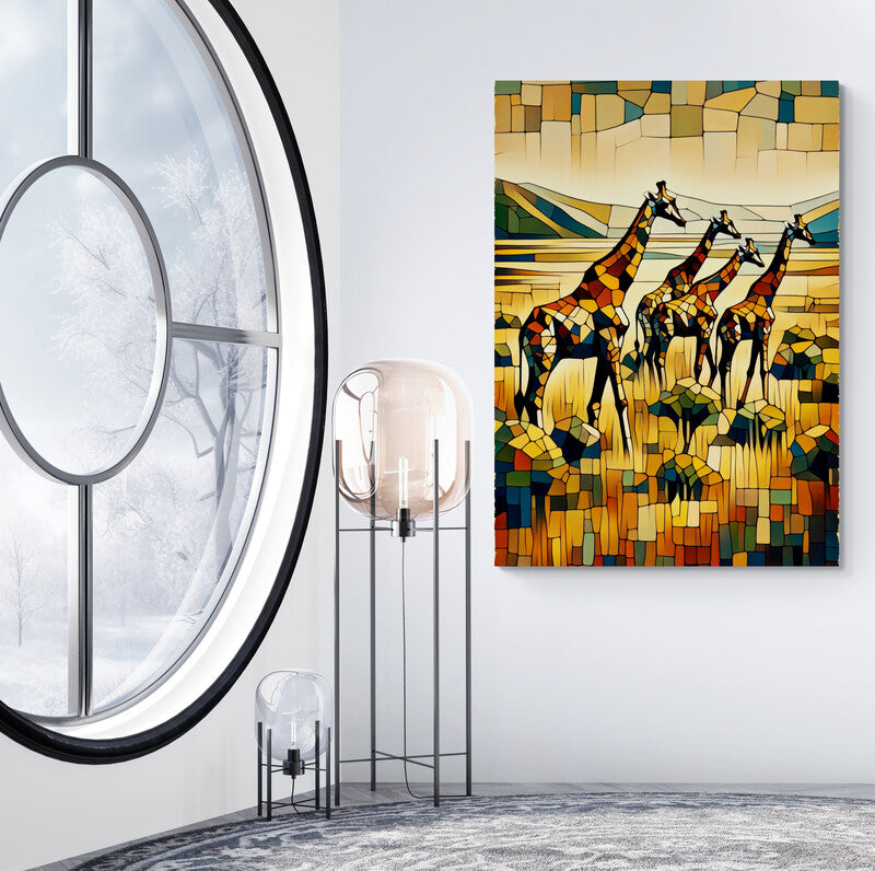 Savannah Serene: A Cubist Giraffe Grazing in the African Wild - canvas