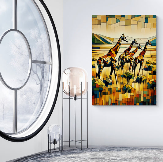 Savannah Serene: A Cubist Giraffe Grazing in the African Wild - canvas