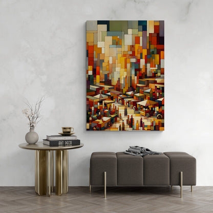 Bustling Market Scene: Cubist Wall Art - canvas