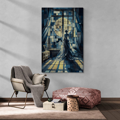 Moonlit Solitude: Cubist Wall Art - canvas