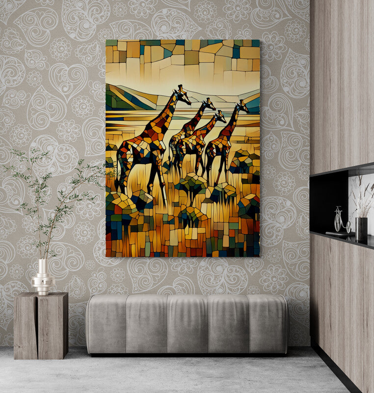 Savannah Serene: A Cubist Giraffe Grazing in the African Wild - canvas