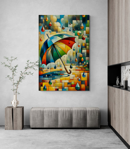 Umbrella's Embrace: A Cubist Wall Art Print - canvas