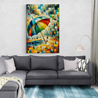 Umbrella's Embrace: A Cubist Wall Art Print - canvas