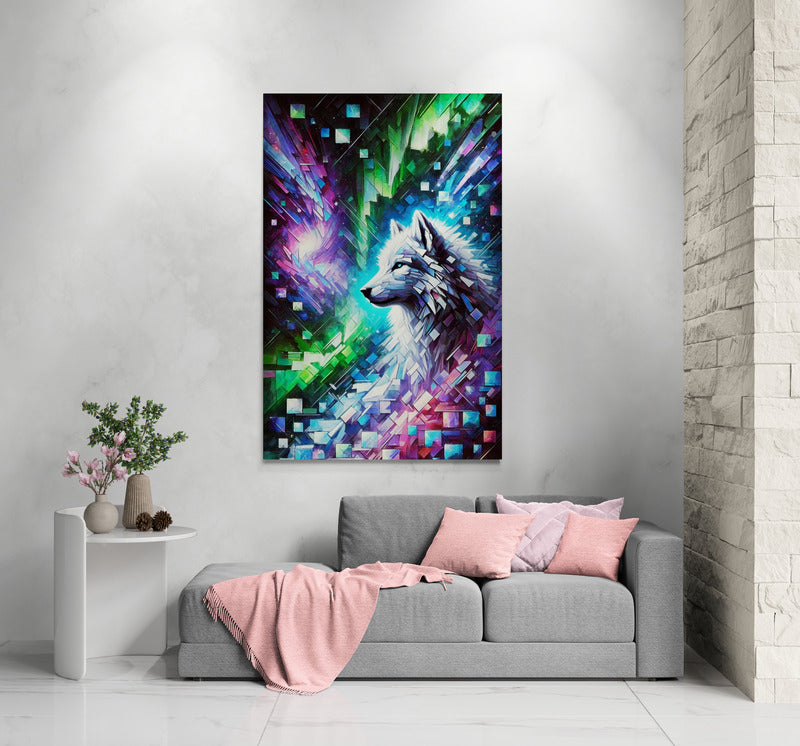 Canvas Artwork, Celestial Wolf and Northern Lights Cubist Style - Lee