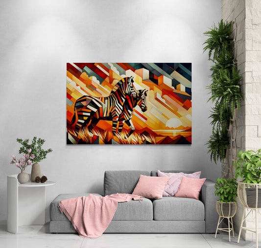 The Warm African Sunset: Zebra Fragment Cubism - canvas