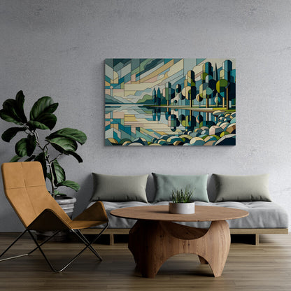 Lakeside Retreat: Cubist Wall Art - canvas