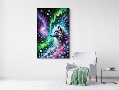 Canvas Artwork, Celestial Wolf and Northern Lights Cubist Style - Lee