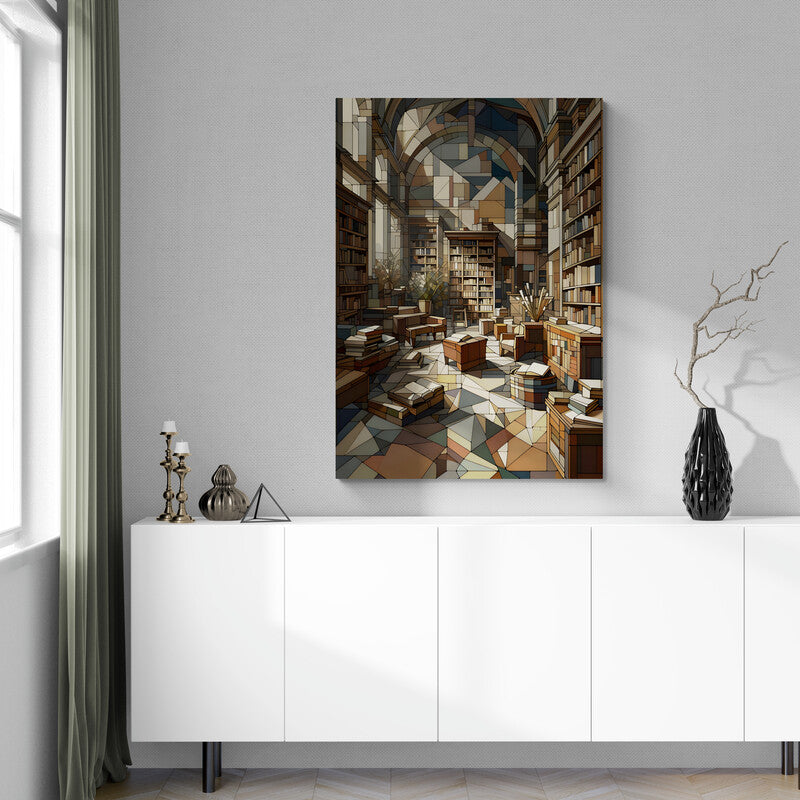 Bookish Tranquility: Cubist Wall Art - canvas